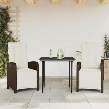 3-Piece Brown Poly Rattan Bistro Set with Cushions