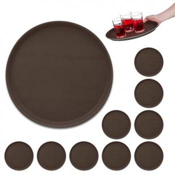 Juego de 10 Bandejas Redondas para Servir, Ø 35 cm, con Borde y Superficie Antideslizante, Color Marrón
