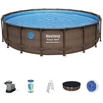 Piscina Desmontable Tubular Bestway Power Steel Diseño Ratán 549x122 cm con Depuradora Cartucho 5.678 L/H y Piscina Elevada desmontable Bestway 56977 Redonda Steel Oblò vista