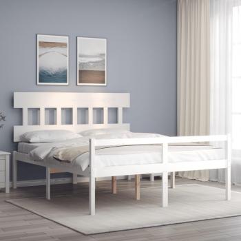 Cama para ancianos con cabecero blanco rey de madera maciza Vidaxl