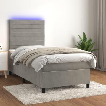 Colchón cama de muelles y LED gris claro 90x200 cm terciopelo, Cama box spring colchón y led terciopelo gris claro 90x200 cm