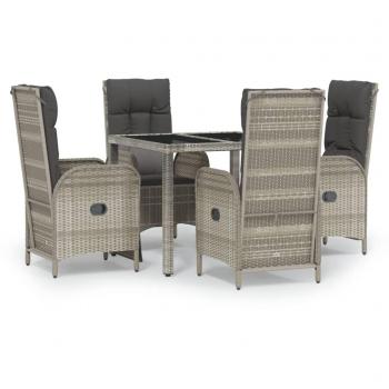 5-Piece Grey Poly Rattan Garden Dining Set with Cushions