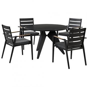 Conjunto de Comedor de Jardín Negro de Aluminio con Mesa Redonda de 110 cm y 4 Sillas con Cojines Grises