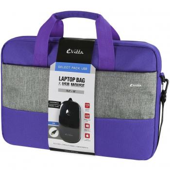 Pack E-Vitta Select con Maletín de 16 en Gris y Púrpura, Ratón USB y Compatibilidad para Portátiles hasta 15.4-16, con Interior Acolchado y Bolsillo Exterior