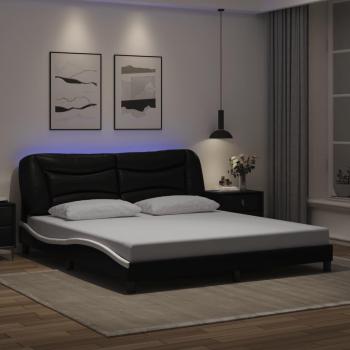 Cama con estructura de cuero sintético blanco y negro, iluminación LED, medidas 180x200 cm