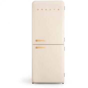 Frigorífico Combi Retro NoFrost 401L Beige con Congelador y Maneta de Madera