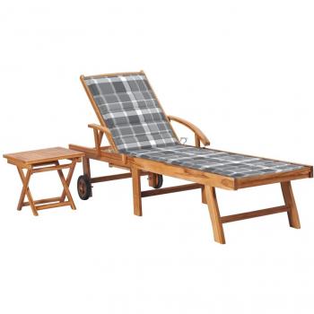 Solid Teak Wood Sun Lounger with Table and Cushion