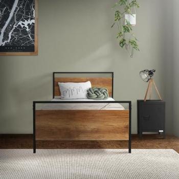 Cama metálica negra individual 90x200 cm con cabecero y piecero de madera marrón, diseño industrial-rústico