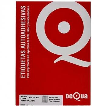 Caja de 100 Hojas de Etiquetas Dequa Blancas Permanentes para Inkjet, Láser y Fotocopiadora, Tamaño 70 x 25.4 mm - Pack de 3300 Etiquetas