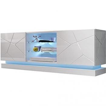 Mueble TV Charlotte Qiu 160 cm, Blanco Brillante con LED, 2 Puertas y Diseño Sin Mango