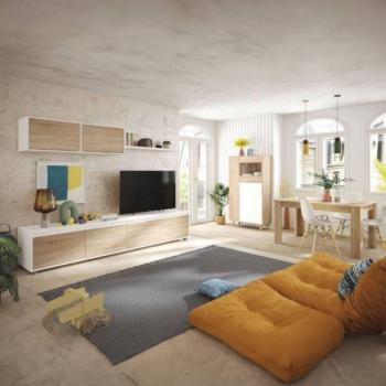 Pack de Muebles para Salón en Melamina Blanco y Roble Canadian, Moderno, Acabado Mate