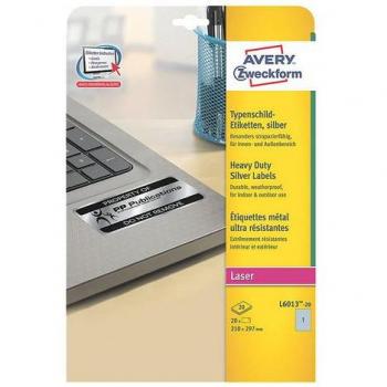 Avery L6013-20 Etiquetas Adhesivas de Poliéster Plateadas, Tamaño A4 (210x297 mm), Resistentes a la Intemperie, para Impresoras Láser, Pack