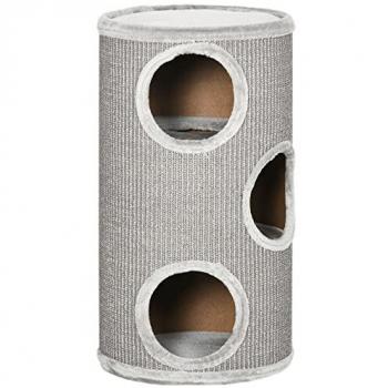 Barril Rascador para Gatos PawHut de 3 Niveles con 3 Entradas y Cubierta de Sisal Ø38x70 cm Gris Claro