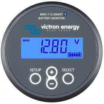 Monitor de batería Victron Energy BMV-712 con pantalla LCD, medición de voltaje, corriente y capacidad de la batería, conexión Bluetooth para monitoreo remoto, alarmas configurables y compatibilidad con baterías de plomo-ácido