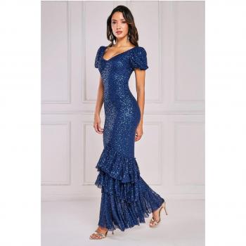 Goddiva Puff Sleeve Tiered Hem Maxi Dress - Navy