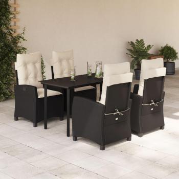 5-Piece Black Poly Rattan Garden Dining Set with Cushions
