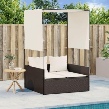 Tumbona doble con techo y cortinas de ratán sintético en color negro, marrón y gris, ideal para jardín, playa, piscina y terraza