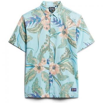 Superdry Men's Short Sleeve Hawaiian Shirt - Eden Hawaiian Blue, Casual Cotton, Size S