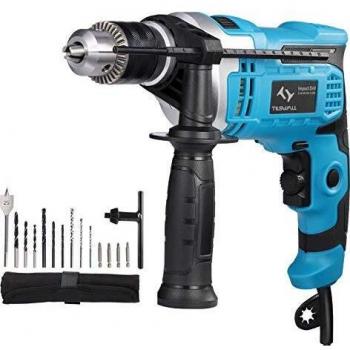 Taladro Percutor 850W Tilswall, Taladro Atornillador de 3000 RPM, Taladro Eléctrico con 15 Accesorios, Botón de Velocidad Variable, Mango Auxiliar Giratorio de 360 °, Cable de 3 Metros