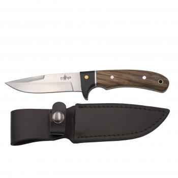 Cuchillo de caza Third 12051ZW con hoja de acero 440 de 10,6 cm acabado satinado, mango de zebrano y madera negra, incluye funda de piel