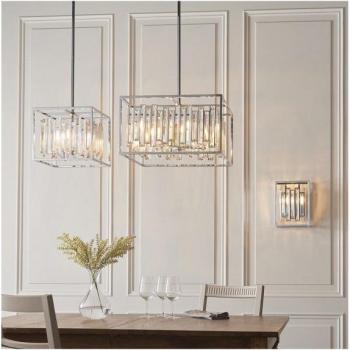 Lámpara colgante de techo Acadia con 4 luces, placa de acero cromado y cristal transparente, E14