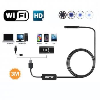 Endoscopio WIFI HD 720P 2MP,ZOTO Inalámbrico Boroscopio IOS Android,8 LED Luz Impermeable Cámara de Inspección para Smartphone Android Samsung,iPhone,PC,Semi-Rigido Cámara Serpiente Para Industriales