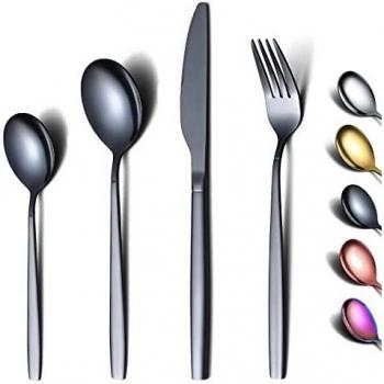 Amazon Brand – Eono Juego de cubiertos negros de acero inoxidable , cuberterias completas 6 personas, protección fuerte contra el óxido, apto para lavavajillas, 24 piezas