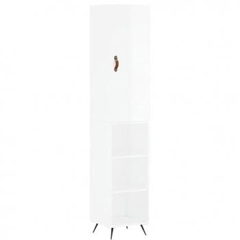 Aparador alto de madera contrachapada blanco brillo 34,5x34x180 cm con 3 estantes, mueble de almacenaje para salón, buffet y armario auxiliar