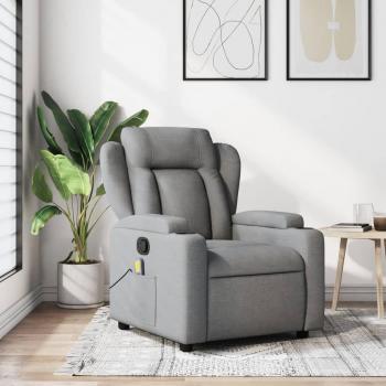 Silla de masaje reclinable gris claro en tela con funciones de masajes, diseño ergonómico, reposabrazos acolchados y ajuste de posición