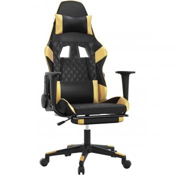 Silla gaming con masaje y reposapiés de cuero sintético negro y dorado