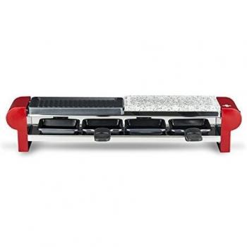 H.Koenig RP4 Raclette para 4 Personas, Plancha de Piedra Natural, Grill, 600 W, Acero Inoxidable, Rojo, 4 Sartenes Antiadherentes
