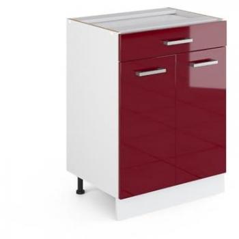 Mueble bajo universal R-Line, 60 cm con cajones, Rojo Burdeos alto brillo, sin encimera