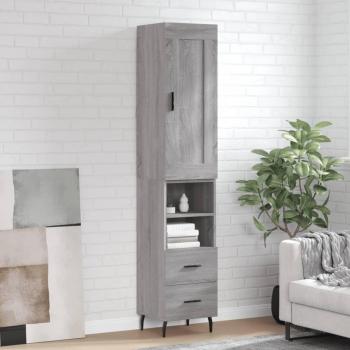 Aparador alto de madera contrachapada gris Sonoma 34,5x34x180 cm con 2 cajones y 2 estantes, mueble de almacenaje para salón, buffet y armario auxiliar
