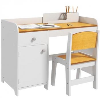 Conjunto de Escritorio Infantil ZONEKIZ de 2 Piezas con Silla y Mesa, Cajón y Armario para Dormitorio, Color Blanco y Natural