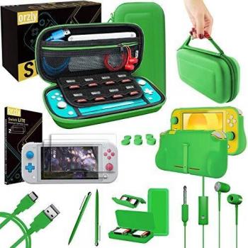 Orzly Accesorios para Nintendo Switch Lite – Pack Incluye: Protectores de Pantalla & Funda para Switch Lite Consola, Funda Comfort Grip, Cable USB, Auriculares y más [Verde]