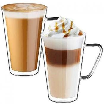 Ecooe 2x450ml Tazas de Café de Cristal,Vasos de Doble Pared con Asa,Tazas de Vidrio Borosilicato para Té,Café,Leche,Latte,Macchiato