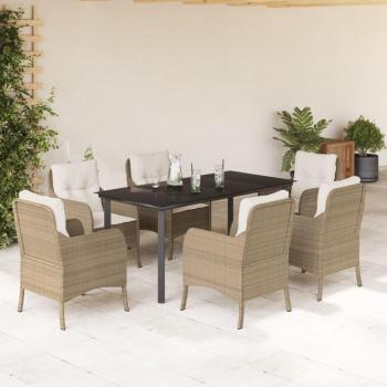 7-Piece Beige Poly Rattan Garden Dining Set with Cushions