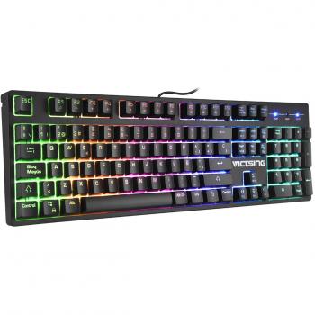 VICTSING Teclado Gaming Español, Mecánico-Similar Teclado, 12 Teclas Multimedia Impermeable con 6 Colors RGB Retroiluminado y Anti-Ghosting, para PC/Ordenador portátil/Escritorio/Computadora-Negro