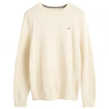 Gant Micro Textured Round Neck Sweater for Men, Cream, Size L