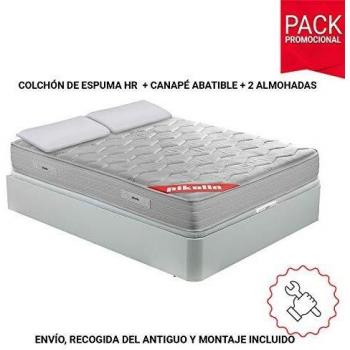 PIKOLIN Pack Colchón viscoelástico Espuma HR 90x190+ canapé Base abatible Blanco y Almohada de Fibra