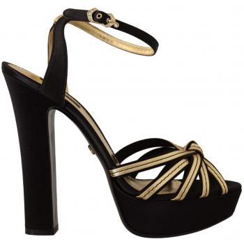 Dolce & Gabbana Black Gold Viscose Ankle Strap Heels Sandals - EU40/US9.5, High Heel Sandals, female, Multicolor, Size: 10 US Luxury Ankle Strap Heels Sandals