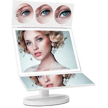 FASCINATE Espejo Maquillaje con Luz para Maquillaje,Triple Plegable 1X/3X/5X/10X Amplificador 44 LED con 360 Grado de Rotación Cosmético Espejo Maquillaje