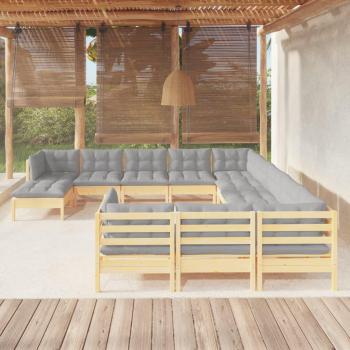 12-Piece Pinewood Garden Lounge Set with Grey Cushions