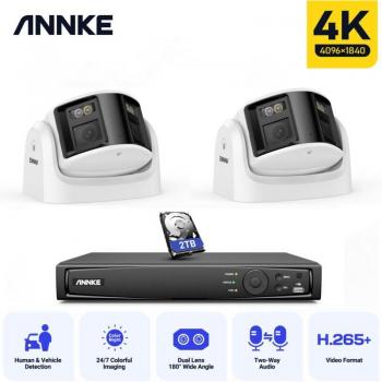 Kit de Videovigilancia Annke 8MP PoE con 2 Cámaras 4K Lente Doble Panorámica 180° H.265 y Audio Bidireccional - Disco Duro de 2TB