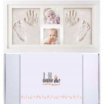 Doubleme Kit de Marco de Huellas de Manos y Pies del Bebé, Regalos Memorables para el Recién Nacido y los Gemelos, Marco de Madera con Arcillas Seguras, dos Fotos y dos Huellas, Color blanco