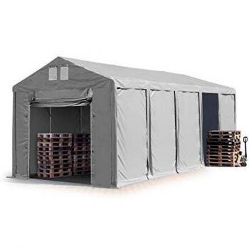 Carpa industrial Toolport 4x10 m, altura lateral 3m, PVC 850 gris, 100% impermeable, con puerta levadiza