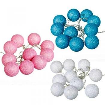 Dcasa - Pack 3 Guirnalda Luz led 10 Bolas Algodon romantico Colores, Blanco, Rosa, Azul