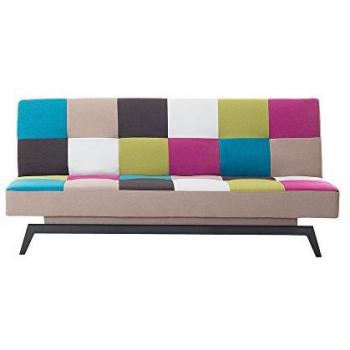 Sofá Cama 3 Plazas Tapizado en Tela Patchwork Multicolor con Mecanismo Click Clack Leeds
