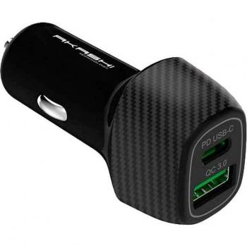 Akashi Cargador Coche 1x USB QC 3.0 + 1x USB-C 20W Negro