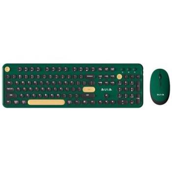 Combo Teclado y Ratón Inalámbricos AULA AC306 2 en 1 Verde, Teclas Redondas Retro, 104 Teclas para Oficina y Entretenimiento